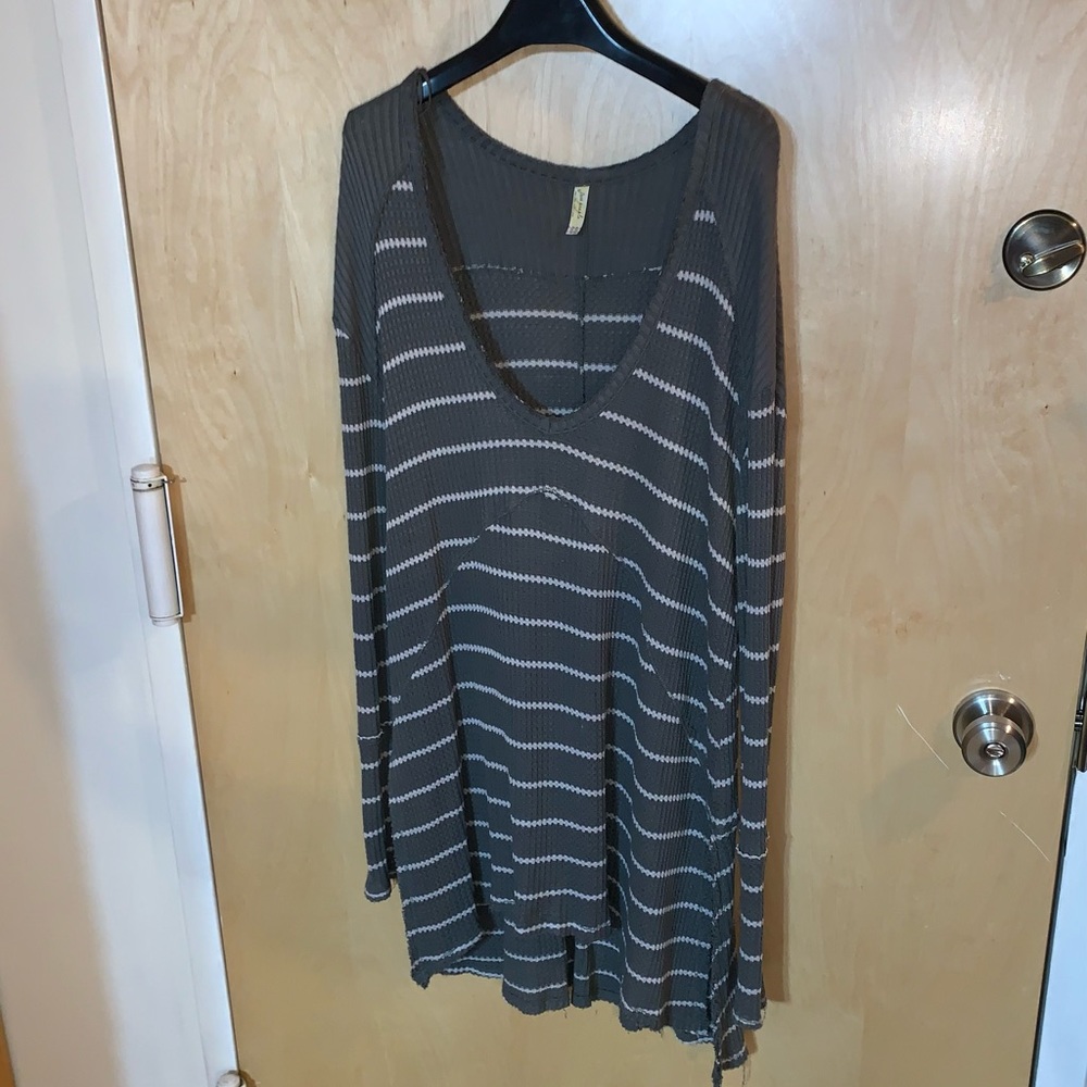Free People Sunset Park Sage Green Oversized Striped Waffle Thermal Tunic - Picture 8 of 13